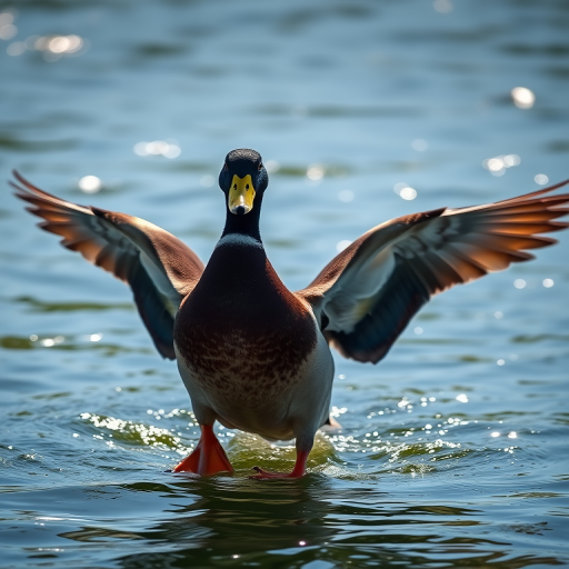Capture a close-up shot of a duck in mid-flap with wings spread wide, using a Canon EOS R5, 50mm lens, f/2.8 aperture, ISO 100, at 1/2000 sec, natural lighting, focus on the bird with a shallow depth of field against a sparkling water background.