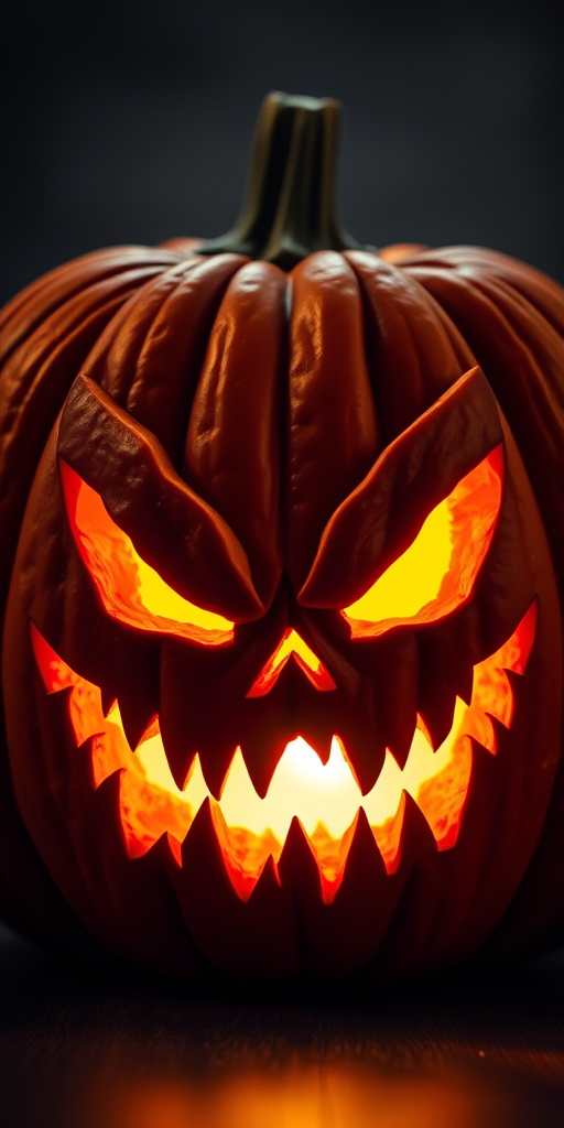 Create a highly detailed image of a carved pumpkin with a menacing face, glowing interior, shot with a DSLR camera at f/2.8 aperture, ISO 100, 50mm lens, centered view, soft lighting to enhance the texture of the pumpkin and the glow from within.