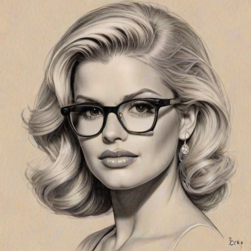 Alluring Jessica Simpson, pencil sketch, portrait of Sublime woman 1936s in glasses, hair style beatnik, outline, clear lines, fine lines, 8k