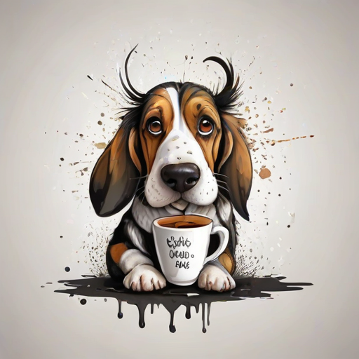 A quirky, artistic illustration of a disheveled basset jack dog breed with exaggerated, large eyes and spiky fur, holding a coffee mug that reads "Good Morning". The dog has a tired but humorous expression, with ink splatters and abstract details surrounding it, giving a whimsical feel to the image. The color palette is mostly monochrome with hints of white in the eyes and steam rising from the mug, enhancing the overall sleepy vibe