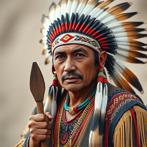 Portrait of a Native American man wearing a feathered headdress, holding a wooden staff, with intricate beadwork and jewelry, set against a soft, blurred background, captured with a Canon EOS R5, 50mm lens, f/1.8 aperture, ISO 100, in natural light for high detail and vibrant colors.