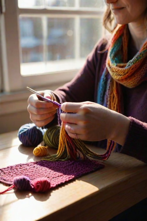 Close-up of a woman’s hands skillfully knitting a colorful scarf, surrounded by vibrant skeins of yarn, with sunlight streaming through a nearby window, casting playful shadows on the table.