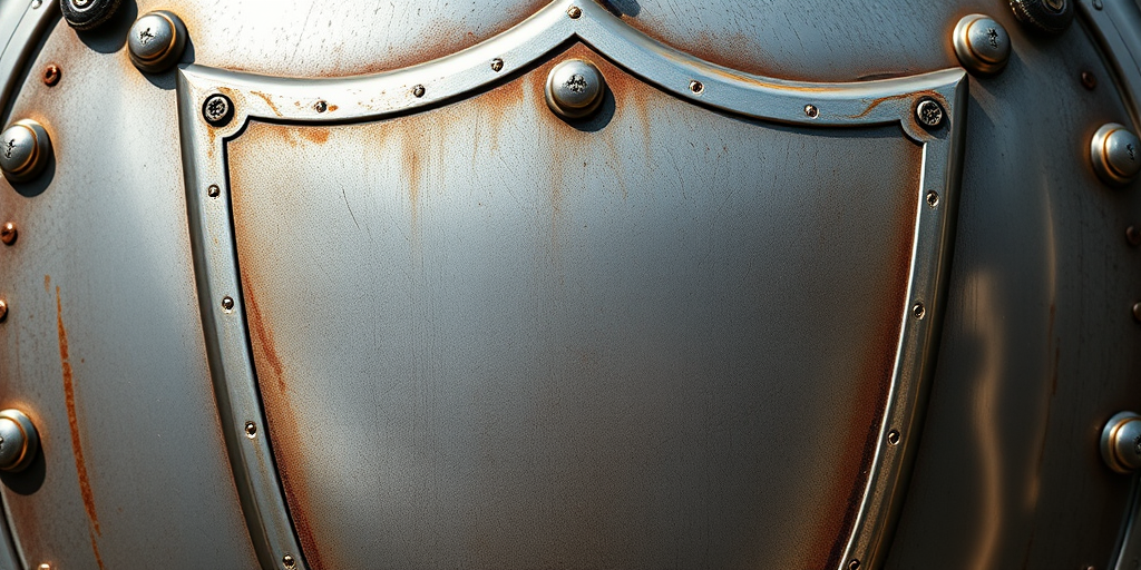 Create a detailed image of a shield with a smooth metallic surface, using a Canon EOS R5, 50mm lens, f/2.8 aperture, ISO 200, natural lighting, and a frontal view to enhance image quality.