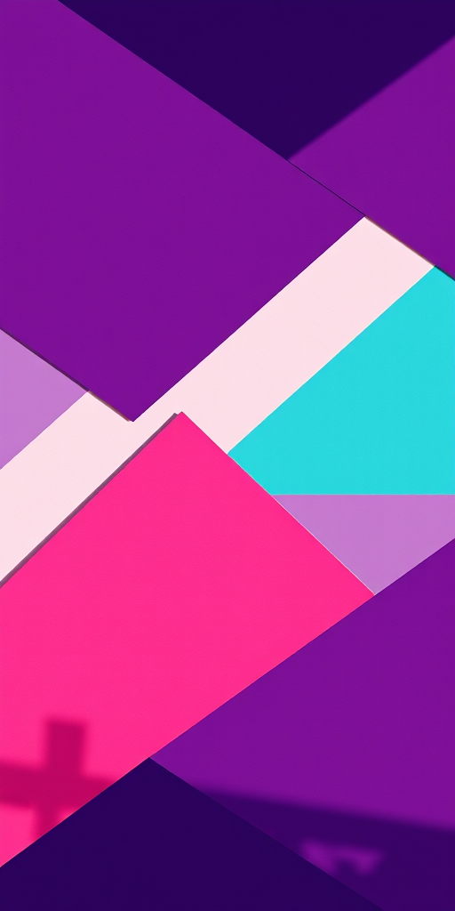 Create an abstract composition featuring geometric shapes with vibrant colors like purple, pink, and turquoise, using a high-resolution DSLR camera at a 50mm lens, f/2.8 aperture, ISO 100, shot from a top-down perspective with natural lighting to enhance clarity and detail.
