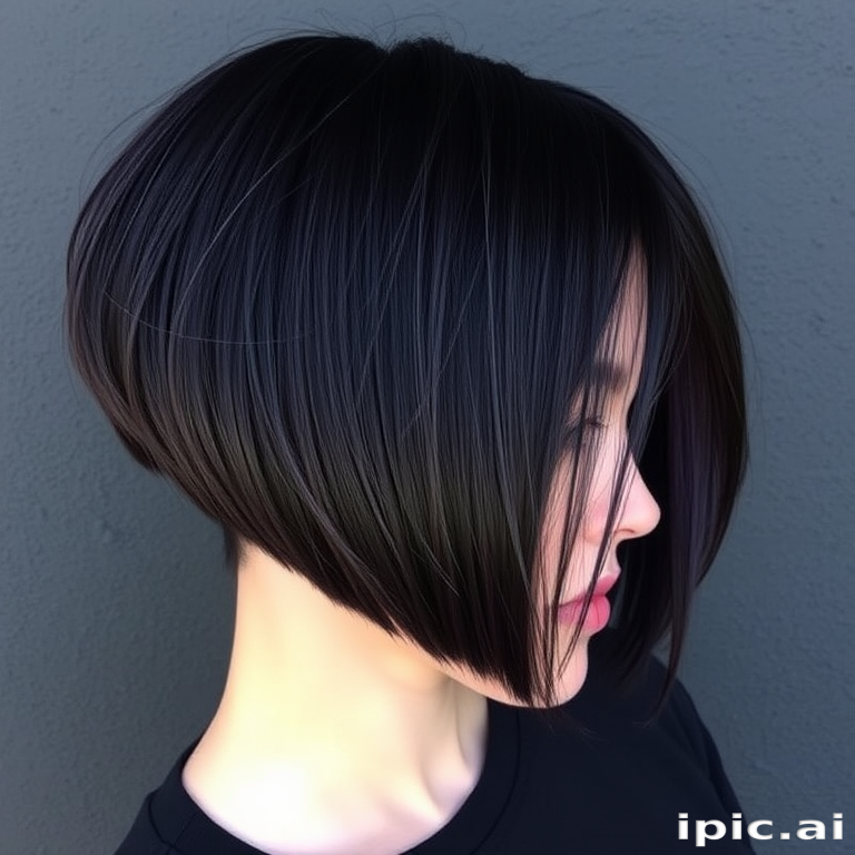 Velvet Midnight Shadow displays a rich, deep black base with subtle dark purple undertones, cut into a sleek, angular bob with razor-sharp edges