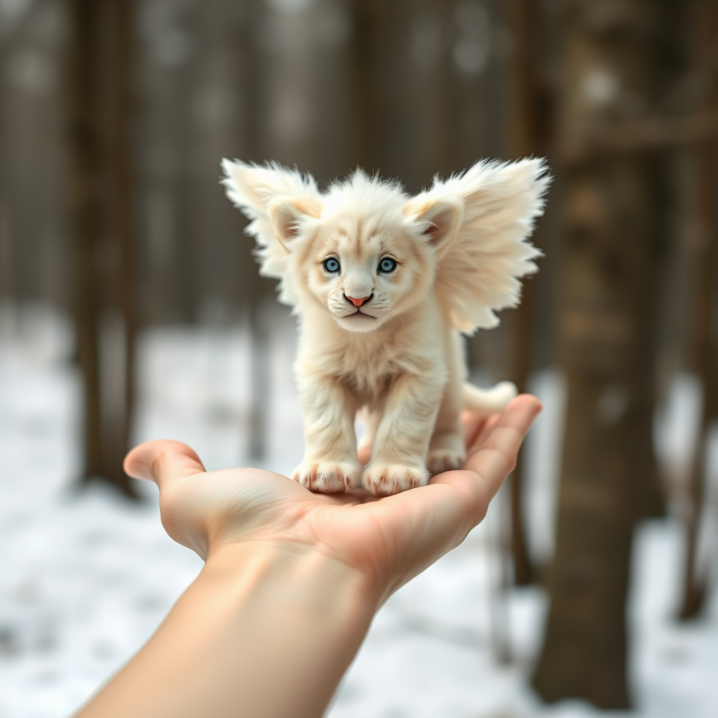 A small, white lion cub with angelic wings standing on a human hand. The cub has a soft, fluffy texture with detailed fur, expressive blue eyes, and a curious expression. The wings are large and feathery, blending seamlessly with its fur, giving an ethereal appearance. The background is a winter forest, with the ground covered in snow and blurred brown trees, creating a serene atmosphere. The human hand in the foreground is positioned palm-up, supporting the lion cub gently, fingers slightly curled. The lighting is soft and diffused, enhancing the tender and magical feel of the scene. Colors are predominantly neutral with white, cream, and soft browns, contrasting with the subtle blue of the lion cub's eyes. The overall composition is balanced, with the cub at the center, creating a focal point that draws the viewer's attention immediately.