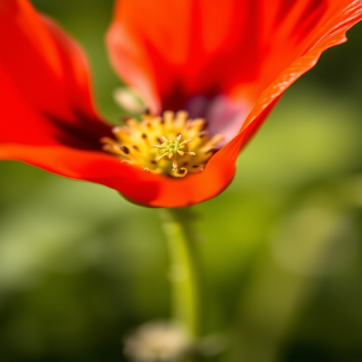 macro photograph of a vibrant red poppy flower with a focus on the seed pod in the center, using a 100mm f/2.8 macro lens, aperture set to f/4, ISO 100, shutter speed 1/200s, natural daylight, shallow depth of field, soft bokeh background.