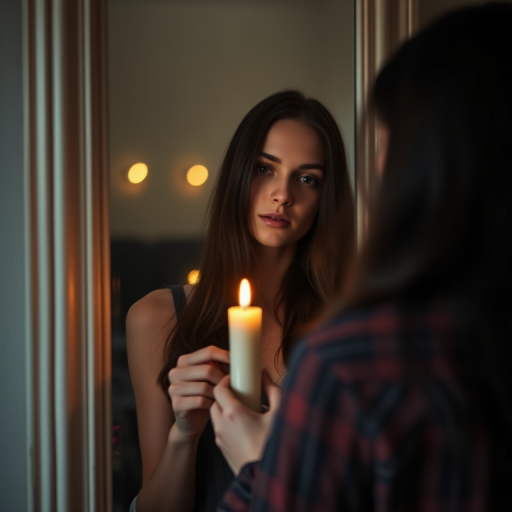 Regenerate the image of a woman with long dark hair standing in front of a mirror holding a candle with a soft focus effect, using a Canon EOS R5 with a 50mm f/1.2 lens, aperture at f/1.8, ISO 200, and a warm, diffused natural light setting indoors.