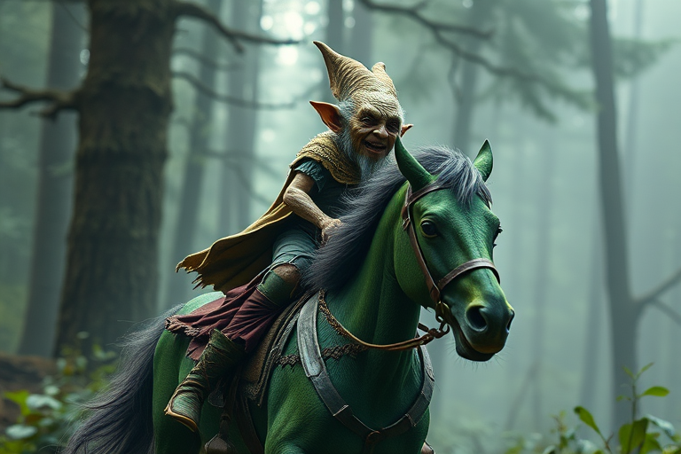 A fantastical goblin riding a mythical green horse through a misty forest, detailed textures on the goblin and horse, shot with a Canon EOS 5D Mark IV, 50mm lens, f/1.8 aperture, ISO 200, in a cinematic style, capturing natural light for vivid colors and depth.