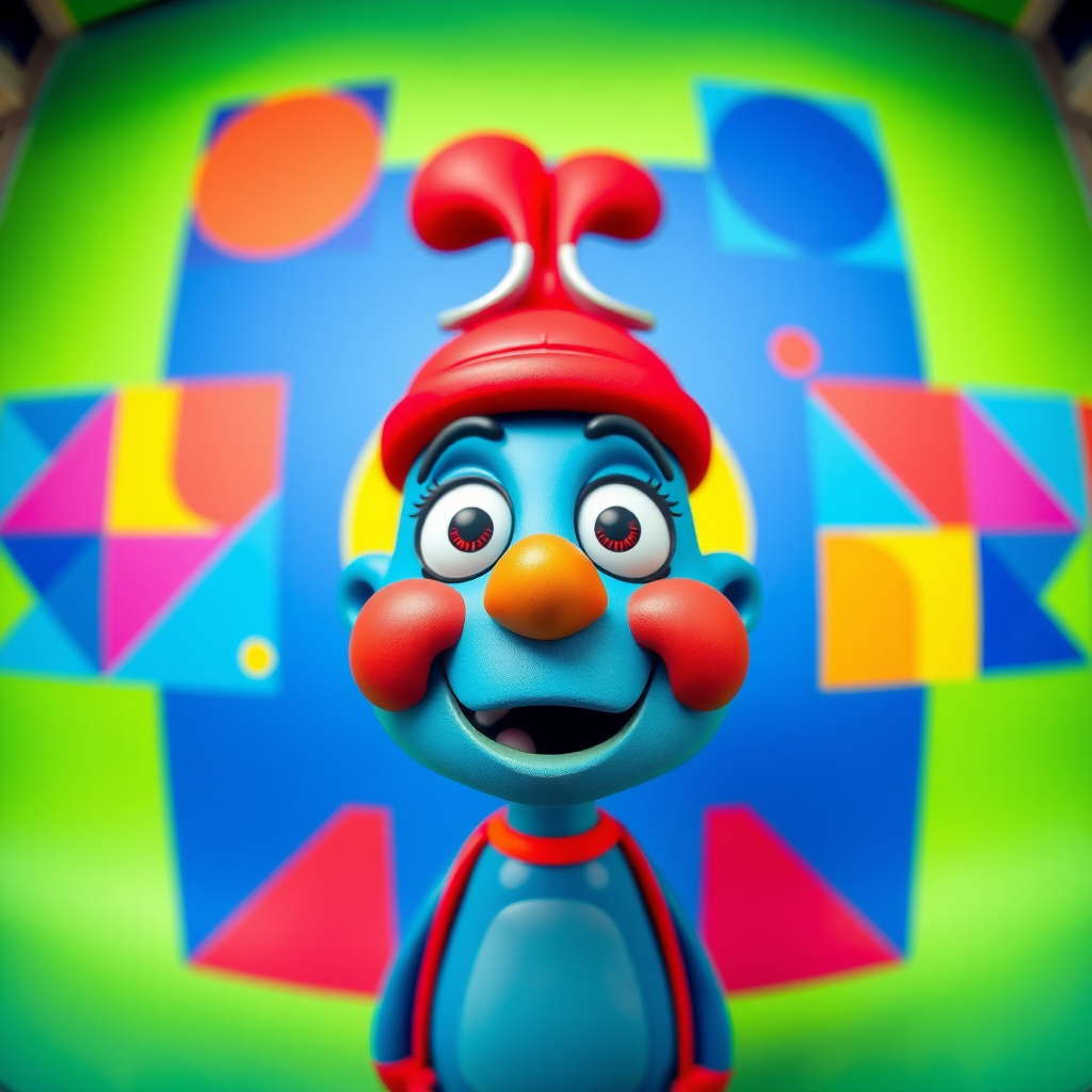 create a colorful cartoon character with a blue face and red hat speaking, using a vibrant background with geometric shapes, capture with a DSLR camera at f/8 aperture, ISO 100, 35mm lens, in a bright studio setting, with a slight fish-eye effect for an exaggerated perspective