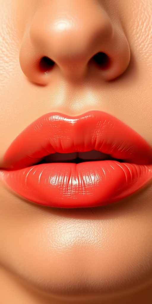 Luscious coral lips with a satin finish, exuding warmth and vitality, perfect for a tropical-inspired makeup look or summer aesthetic