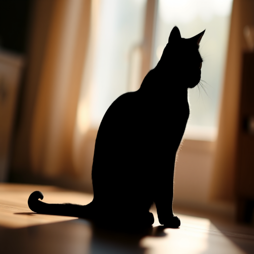 Create a high-resolution illustration of a stylized black silhouette of a cat sitting gracefully, using a DSLR camera with a 50mm lens, aperture set to f/1.8, ISO 100, and a soft-focus background for depth, shot from a low angle to emphasize the cat's posture.