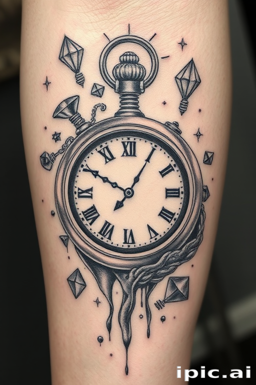 Surrealist fine line tattoo titled "Temporal Illusion" depicting a melting pocket watch intertwined with floating geometric shapes and abstract patterns creating a mind-bending visual experience with intricate details and delicate shading techniques using only black ink to achieve a wide range of tones and textures resembling a pencil drawing on skin