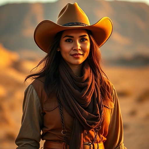 Dramatic photo of a beautiful Malay woman, classic cowboy attire, confident and free spirit expression, half-length portrait, centered, golden hour desert landscape, warm, diffused light, low angle, medium format film camera, in style of Annie Leibovitz.