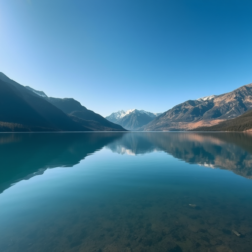 Generate an image of a serene landscape featuring a calm lake reflecting mountains under a clear blue sky, shot with a Canon EOS R5 at f/8, ISO 100, 1/200 sec, wide-angle view, and in a vibrant color style.
