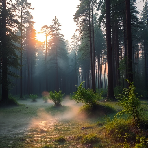Create a high-resolution image of a peaceful forest landscape during sunrise with soft morning light, using a Canon EOS R5 with a 24-70mm f/2.8 lens, f/8 aperture, ISO 100, and a shutter speed of 1/200 sec, shot from a low angle to capture the lush greenery and the mist rising from the ground.