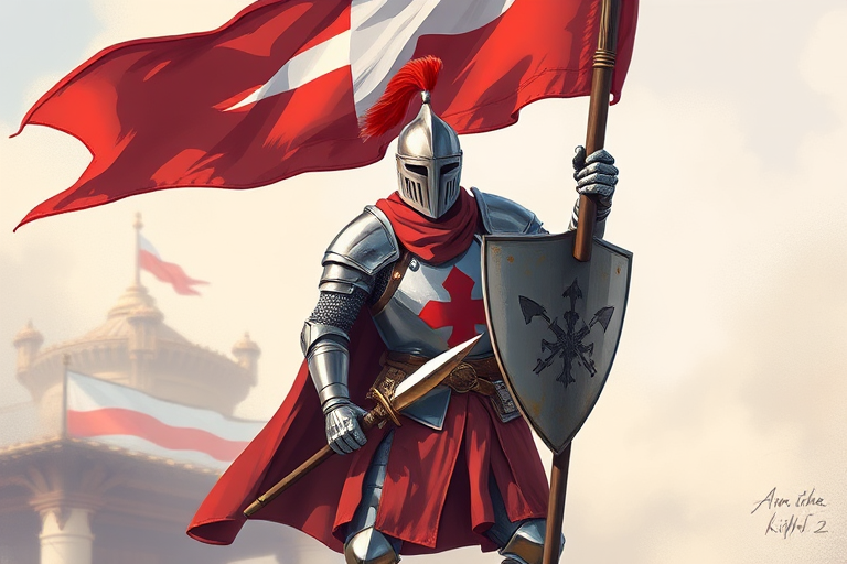 Create an illustration of a knight holding a flag, full-body view, captured with a DSLR camera at f/4.0 aperture, ISO 200, 1/200 sec shutter speed, in a well-lit environment, using a realistic style to enhance details and depth.