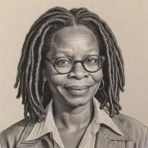 Pleasing Whoopi Goldberg, pencil sketch, portrait of Radiant woman 1980s in glasses, hair style beatnik, outline, clear lines, fine lines, 8k