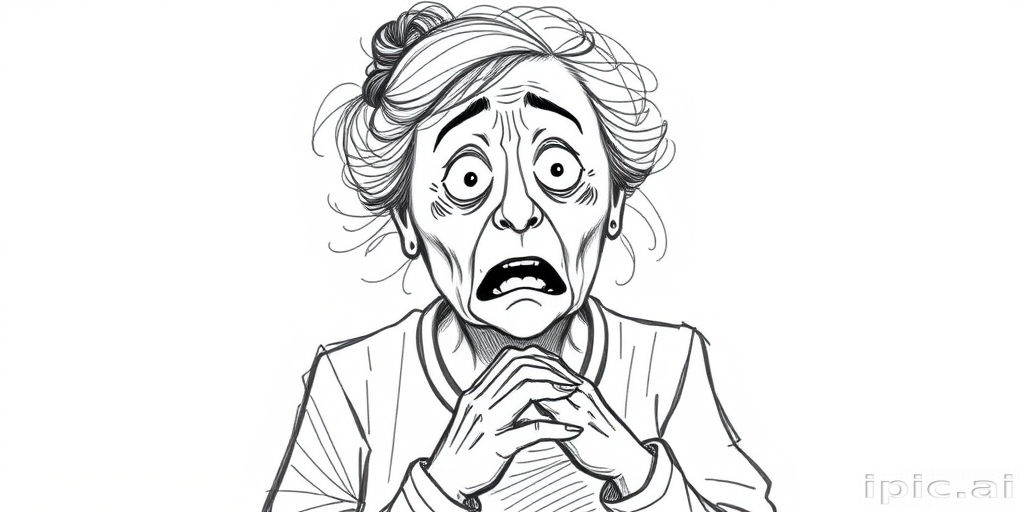 scribbly unfinished sketch, old lady with messy gray hair in a loose bun, surprised expression, mouth open, hands clasped together in front of her chest. Her eyes are wide, eyebrows are furrowed. vibe of shock or surprise.