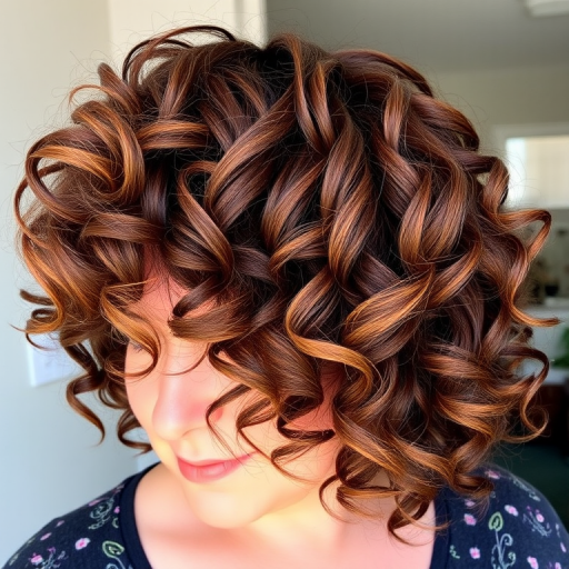 Chocolate brown curly shag with caramel highlights, named "Mocha Swirl," boasting voluminous ringlets and a flattering mix of warm and cool tones