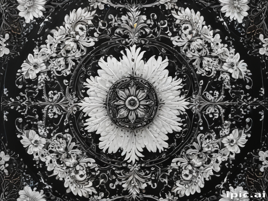 Intricate Black and White Floral Design with Detailed Patterns and Motifs