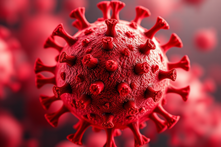 Create a highly detailed illustration of a red virus sphere with protruding spike proteins, symmetrical design, using a DSLR camera with a 50mm lens, aperture set at f/1.8, ISO 100, shot from a low angle with soft lighting to enhance the texture and color vibrancy.