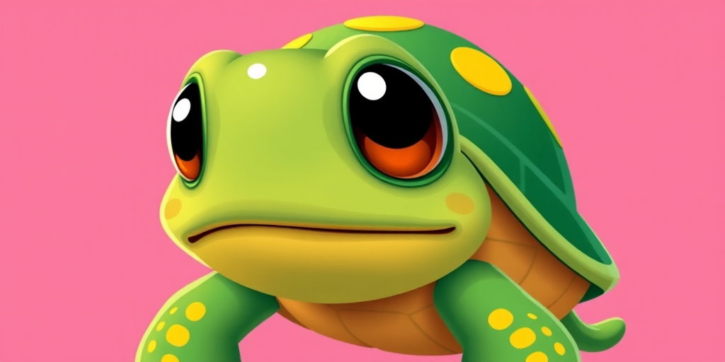 create a cartoon-style image of a cute green turtle with big eyes and yellow spots, using a Canon EOS 90D with a 50mm f/1.8 lens, aperture f/2.8, ISO 200, and a vibrant color palette, focus on the turtle's whimsical features and a simple, solid background.