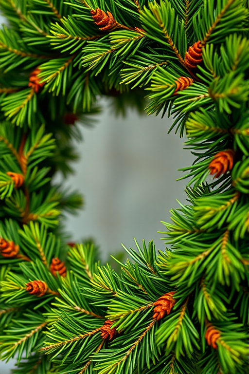 create a realistic depiction of a lush green wreath made of pine needles, focus on vibrant colors and intricate details of the leaves, use a Canon EOS R5 camera with a 50mm f/1.2 lens, set ISO to 100, aperture at f/2.8, shutter speed at 1/125 sec, in natural daylight for enhanced clarity and depth.