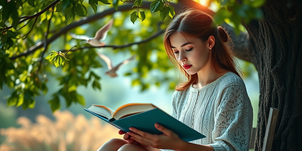 Create an enchanting fantasy scene of a young woman reading a book under a lush tree with birds flying around, captured with a DSLR camera, 50mm lens, f/1.8 aperture, ISO 100, soft focus, vivid colors, and dramatic lighting.