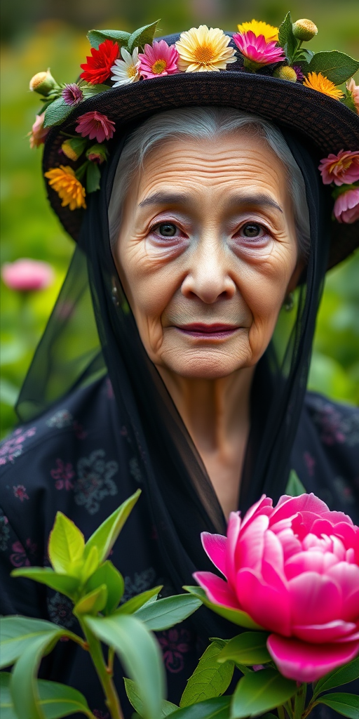 Create a portrait of an elderly woman with striking facial features, wearing a floral black veil and a hat adorned with colorful flowers, holding a peony, set in a lush green garden, captured with a Canon EOS R5, 50mm lens, aperture f/1.8, ISO 100, natural lighting, shallow depth of field to enhance background blur.