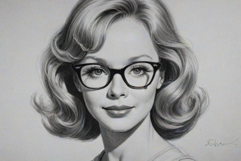 Wonderful Shelley Long, pencil sketch, portrait of Alluring woman 1958s in glasses, hair style beatnik, outline, clear lines, fine lines, 8k
