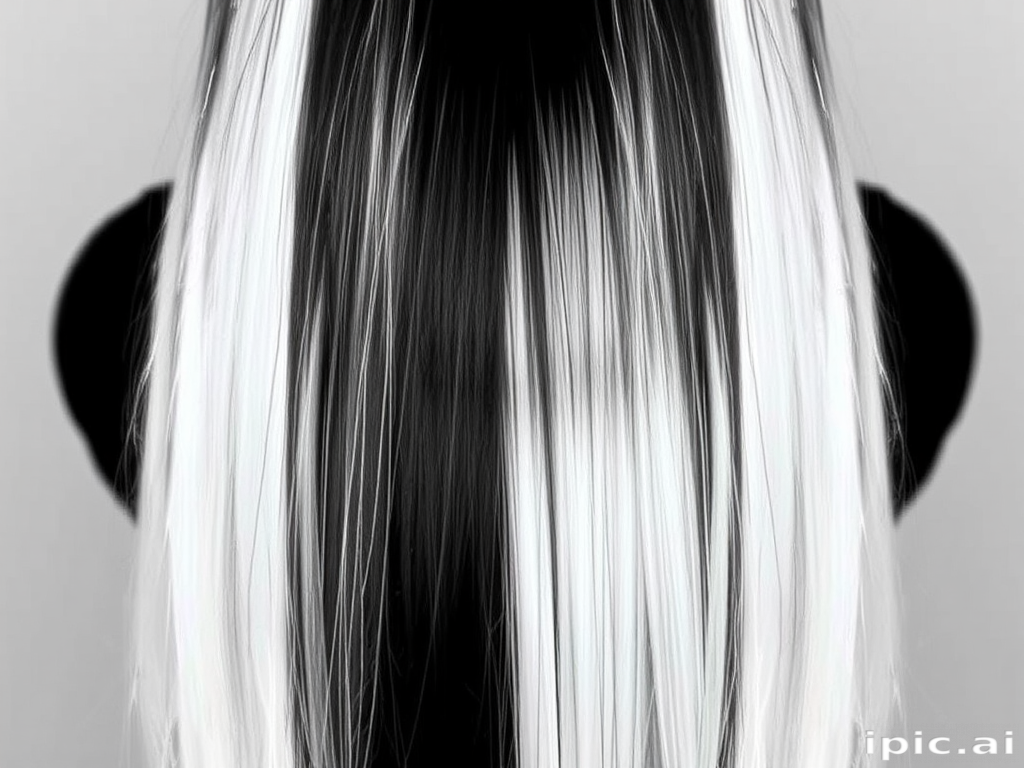Dramatic black and white split dye, Yin-Yang's hair showcases a perfect balance of light and dark, with sleek straight strands creating a striking visual contrast from root to tip