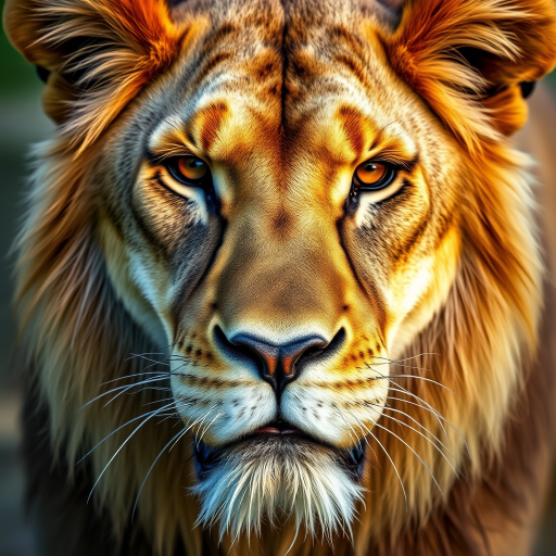 Close-up portrait of a lion with sharp focus on the face, natural light, f/2.8 aperture, ISO 100, 50mm lens, shallow depth of field, DSLR camera, captured at eye level, vibrant colors and high detail.