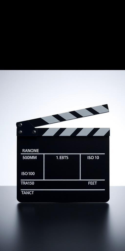 Create a high-resolution image of a clapperboard with a transparent background, using a Canon EOS R5 camera with 50mm lens, f/1.8 aperture, ISO 100, and a soft diffused lighting setup to enhance detail and clarity.