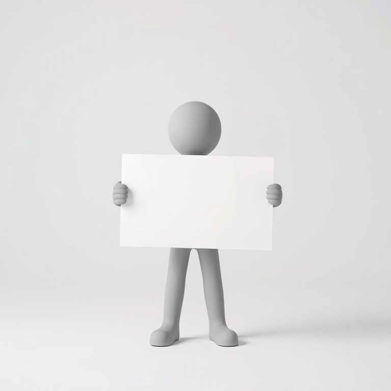 Generate an image of a 3D gray stick figure holding a blank white sign, use a Canon EOS R5 camera with a 50mm lens at f/2.8, ISO 100, a soft diffused lighting setup, and a focus on a clean white background to enhance image quality.