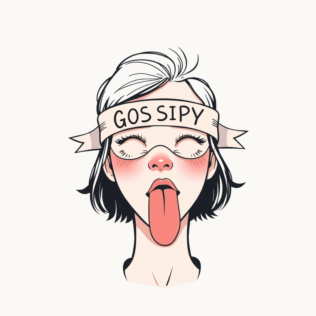 Create an illustration of a person with a ribbon titled "GOSSIPY" across their eyes, featuring a stylized tongue extending from their mouth, in a clean, minimalist design with a textured background, using a DSLR camera with a 50mm lens, aperture f/2.8, and soft natural lighting to enhance clarity and texture.