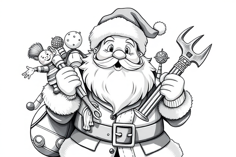 Create a highly detailed black and white illustration of a whimsical Santa Claus holding toys and tools, using a DSLR camera with a 50mm lens at f/2.8, ISO 100, 1/250 sec, shot from a slightly elevated angle with natural soft lighting to enhance texture and depth.