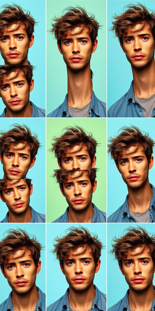 Create a high-resolution pop art style portrait consisting of nine panels featuring a male figure with tousled hair, utilizing a Canon EOS 5D Mark IV with a 50mm f/1.8 lens, aperture set at f/11, ISO 100, and a softbox lighting setup for even illumination, viewed from a slightly elevated angle.