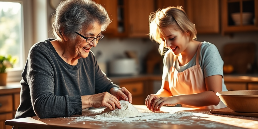 Warm, softly lit image of a grandmother teaching her granddaughter how to bake, flour-covered hands working dough on a wooden countertop, with soft sunlight streaming through a kitchen window.