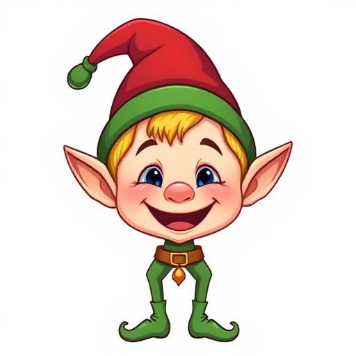 Create a detailed illustration of a cheerful cartoon elf with a pointed hat and a big smile, shot in high resolution with a Canon EOS R5 at f/1.8, ISO 100, 1/125 sec, front view, in a clean and vibrant style.