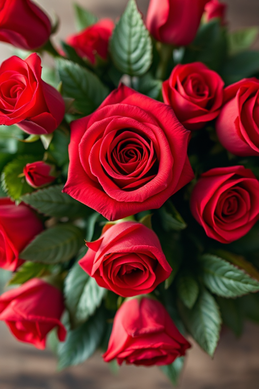 floral arrangement with vibrant red roses and green leaves, soft focus, f/2.8 aperture, 50mm lens, natural lighting, DSLR camera, overhead view