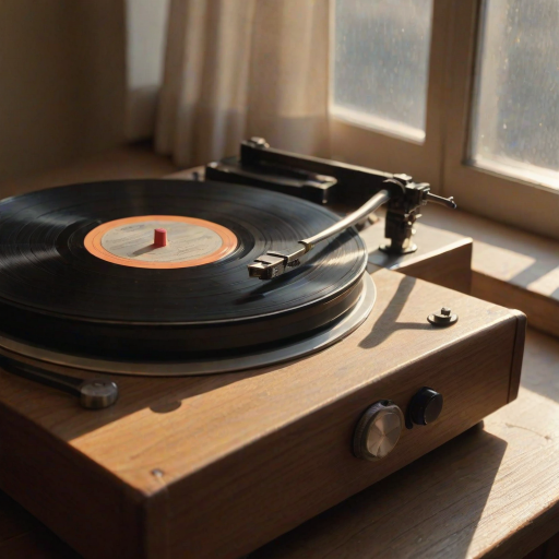 Close-up of an old-fashioned record player, with a vinyl record spinning and soft natural light from a nearby window illuminating the surface, casting delicate shadows on the wood.