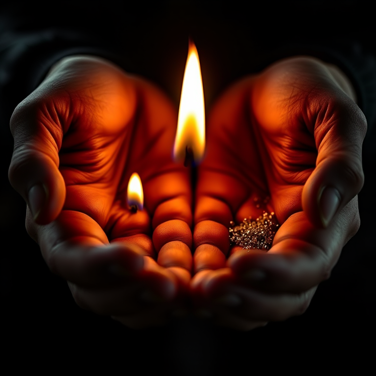 A close-up view of two hands cupped together, one hand showcasing a small flame while the other emits shimmering particles, captured with a Canon EOS R5, 50mm f/1.2 lens, ISO 100, aperture f/2.8, shutter speed 1/200s, in dramatic lighting to enhance contrast and depth.