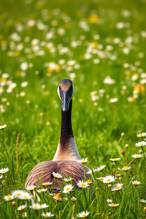 A Canada goose foraging in a lush green meadow filled with daisies, shot with a Canon EOS 90D, 100mm lens, f/2.8 aperture, 1/200 sec shutter speed, natural lighting, shallow depth of field, vibrant colors.