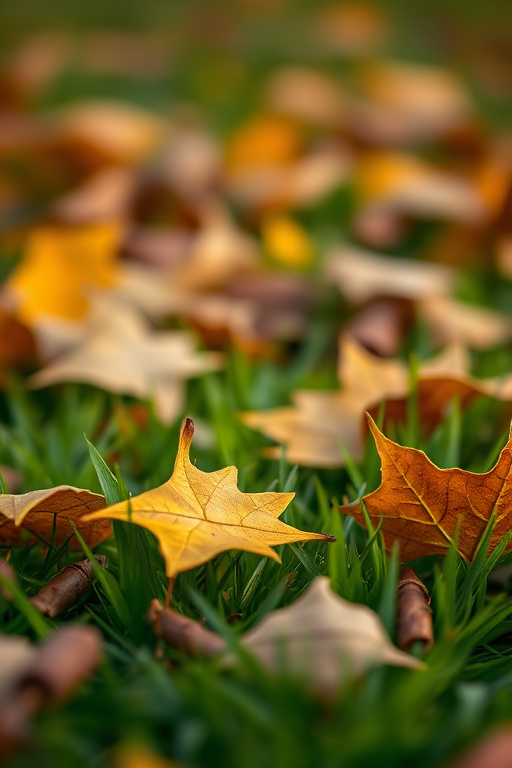 close-up shot of autumn leaves on green grass, shallow depth of field, soft natural lighting, DSLR camera, aperture f/2.8, shutter speed 1/200s, ISO 100, focus on leaves but slightly blurred background
