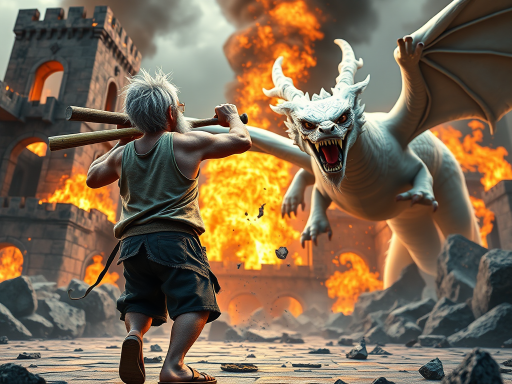 Cartoon 3D High-Resolution,dynamic battle scene using Unreal Engine 5 and Octane Render. The scene features back of an elderly, thai man with a beard,messy hair and round golden-rimmed glasses. He is wearing a tattered tank top with soot marks, shorts, and sandals. sweating. he wields a baseball bat. He jump to fight with a white fire-breathing Europe dragon amidst a partially destroyed stone castle. Include intense flames, smoke, and debris to enhance the dramatic effect.