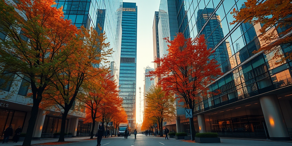 regenerate the image of a modern urban scene with tall glass buildings reflecting trees and pedestrians, using a DSLR camera with a 50mm lens, aperture at f/4, ISO 200, shutter speed 1/250s, shot from a low angle view to emphasize the architecture and vibrant autumn colors, in soft natural light during golden hour.