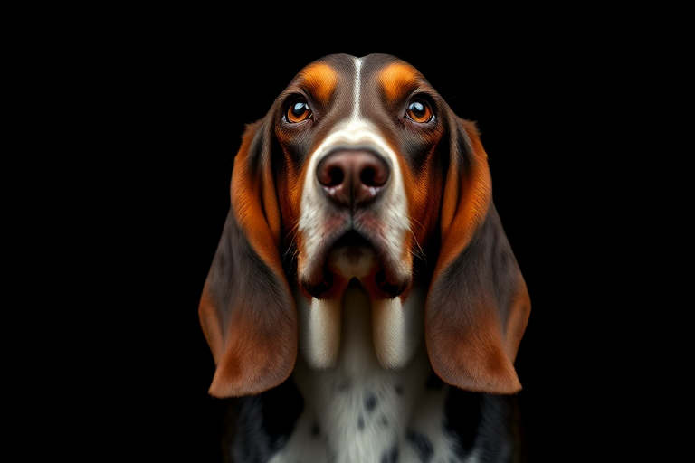 portrait of a Basset Hound against a black background, Canon EOS R5, 50mm lens, f/1.8 aperture, ISO 100, 1/200 sec, soft diffused lighting