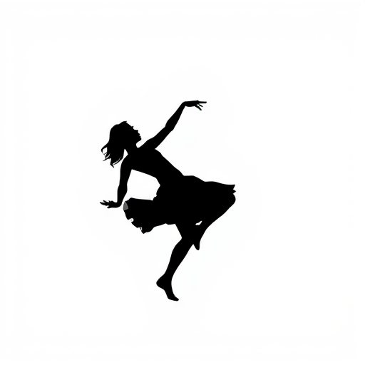 Generate a high-resolution image of a stylized black silhouette of a dancing figure on a plain white background using a DSLR camera with a 50mm lens, aperture set to f/1.8, ISO 100, shot at eye level in a portrait orientation for sharp focus and depth of field.