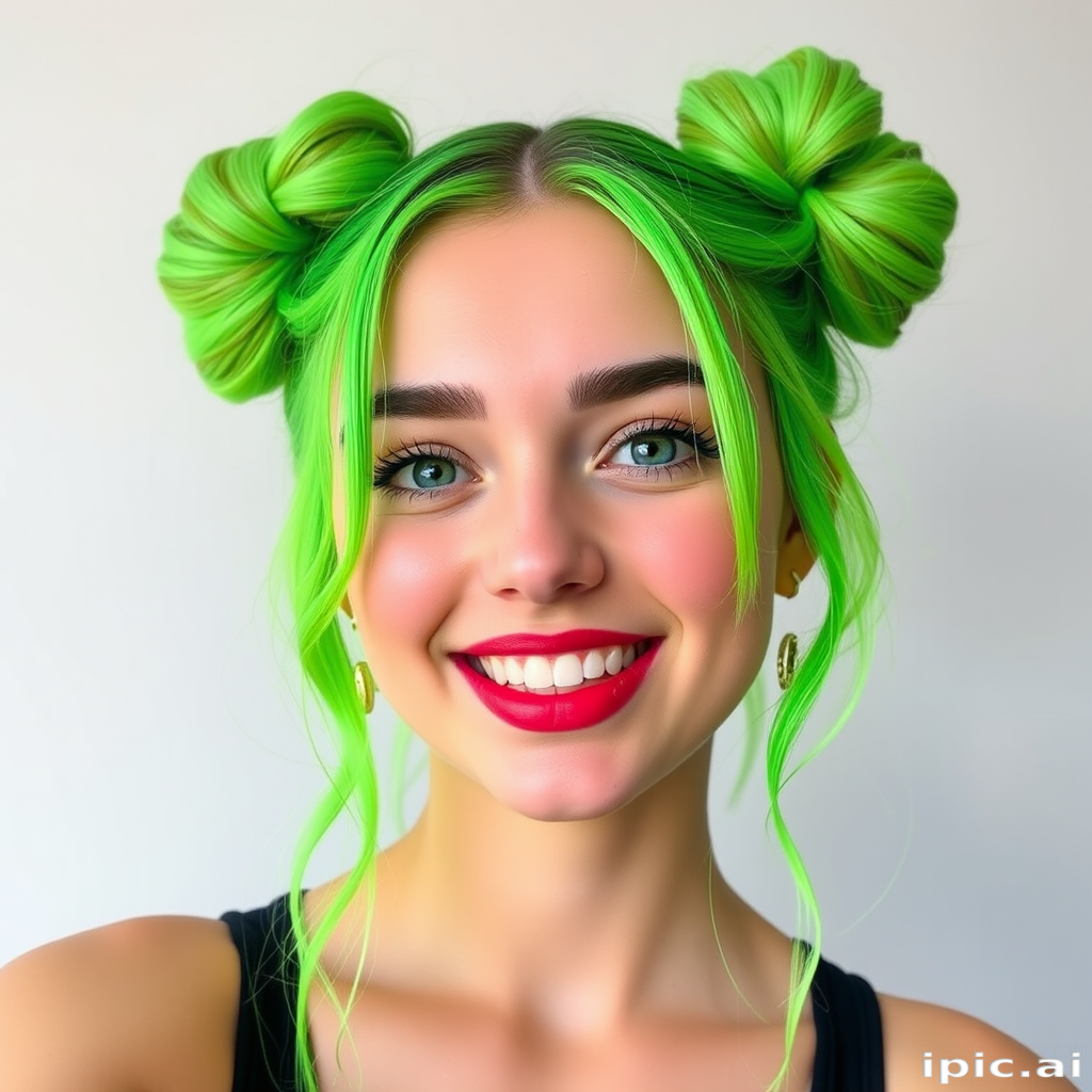 Playful young woman rocking space buns with face-framing tendrils, colored in a vibrant neon green with holographic glitter accents